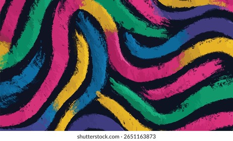 Abstract pattern of thick, textured brush strokes in vibrant colors against a dark background.