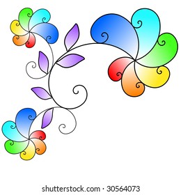 Abstract pattern of three multicolored flowers and lilac leaves