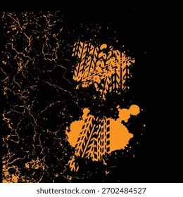 Padrão abstrato de faixas de pneus iluminadas por uma luz laranja brilhante contra um fundo escuro