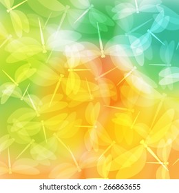Abstract pattern. Transparent dragonflies silhouettes on a multicolor background.