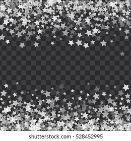 Abstract pattern of transparent falling stars on translucent background. Glitter template for banner, greeting, Christmas and New Year card, invitation, postcard, paper packaging. Vector illustration