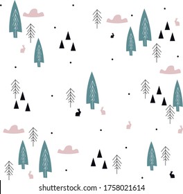 
abstract pattern of trees and hares, for posters, backgrounds, wallpapers, wrapping paper fabrics, children's products