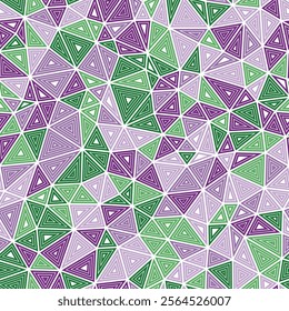 Abstract pattern of triangles. Compact shape size. Multiple repeated inner triangles. Multiple colors style. Repeatable pattern. Amazing vector tiles. Seamless vector illustration.