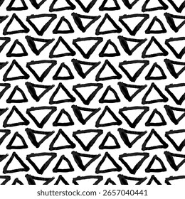 Abstract pattern with triangles of different directions. Wet brush with clear and blurred colors. Monochrome artistic. Repetitive pattern hand-drawn effects. Seamless texture of poor printing, grunge