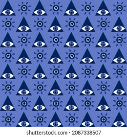Abstract pattern with triangles and eyes. Mystical esoteric ornament. Vector illustration on a blue background. For textiles, prints, packaging, scrapbooking, covers and brochures, flyers, gift shops.