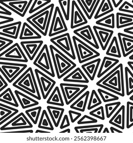 Abstract pattern of triangles. Multiple repeated inner triangles. Large shape size. Black and white style. Seamless pattern. Amazing vector tiles. Beautiful vector illustration.