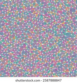 Abstract pattern of triangles. Small shape size. Multiple repeated inner triangles. Multicolored style. Repeatable pattern. Amazing vector tiles. Seamless vector illustration.