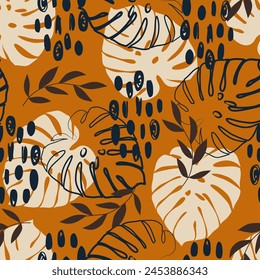 Abstract pattern with tropical leaves and abstract dots. Monstera pattern