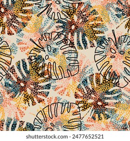 Abstract pattern with tropical leaves and abstract dots. Monstera pattern