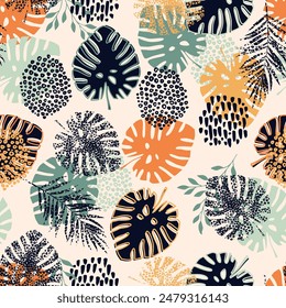 Abstract pattern with tropical leaves and abstract dots. Monstera pattern