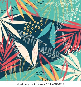 Abstract pattern with tropical leaves and plants on a bright geometric background. Vector design. Jungle print. Textiles and printing. Floral background.