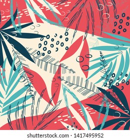 Abstract pattern with tropical leaves and plants on a bed geometric background. Vector design. Jungle print. Textiles and printing. Floral background.