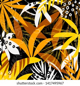 Abstract pattern with tropical leaves and plants on a black geometric background. Vector design. Jungle print. Textiles and printing. Floral background.