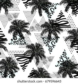 Abstract pattern with tropical palm leaves,and leopard,zebra textured triangles. Triangle with grunge halftone textures. Geometric background in 80s 90s pop art style. Vector illustration.