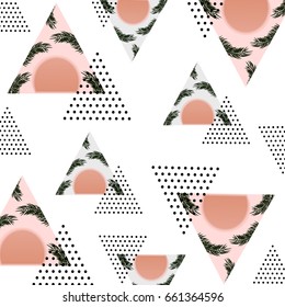 Abstract pattern with tropical palm leaves,sunrise and textured triangles. Triangle with grunge halftone textures. Geometric background in 80s 90s pop art style. Vector illustration.