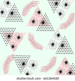 Abstract pattern with tropical pink palm leaves, flowers and textured triangles. Triangle with grunge halftone textures. Geometric background in 80s 90s pop art style. Vector illustration.
