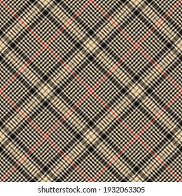 Abstract pattern tweed in black, gold, beige, red. Seamless pixel glen check plaid background graphic for jacket, coat, skirt, other spring summer autumn everyday glen fashion textile design.