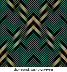 Abstract pattern tweed for textile design. Dark textured seamless check plaid graphic in green and gold for dress, skirt, other modern everyday casual autumn winter fashion fabric design.