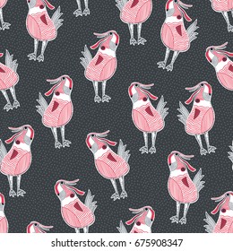 Abstract pattern with unusual bird over black dotted background. Vector illustration