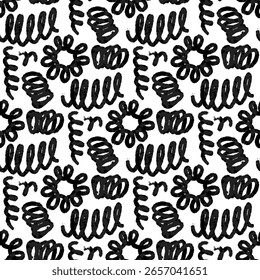 Abstract pattern with various closed, open swirls. Wet brush for creating clear and blurred colors. Monochrome. Repetitive pattern with hand drawn effects. Seamless texture with poor printing, grunge