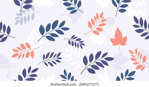 An abstract pattern of various leaves in different colors and sizes.