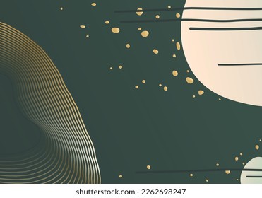 Abstract pattern vector background. Minimal cosmos banner design with wave lines, sun, moon, star. Trendy geometric illustration in golden, green colored.