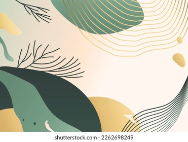Abstract pattern vector background. Minimal nature banner design with wave lines, plant, landscape, sun. Trendy geometric illustration in golden, green colored.