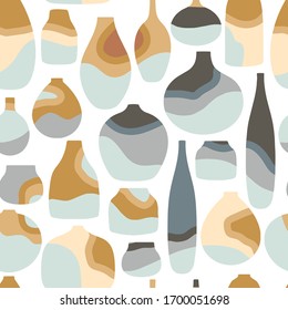 Abstract pattern with vessels, jugs, vases, bottles, flower pots. Ceramic dishes with decor. Simple natural background in minimal style