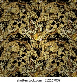 Abstract pattern, vintage gold texture with vitage elements. Vintage flowers. Gradient background. Golden background with flowers. Doodles petals. Golden petals with bud. Vector illustration with leaf