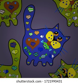 Abstract pattern for wallpaper, clothes, boys, girls. Colorful heart. Vector background. Seamless. For any design projects. Cute doodles pattern with cats. Tracery at green, blue and neutral colours.