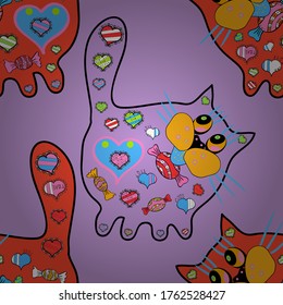 Abstract pattern for wallpaper, clothes, boys, girls. Tracery at orange, black and neutral versicolors. Funny cartoon nice cats. Seamless of colored cartoon stickers. Vector.