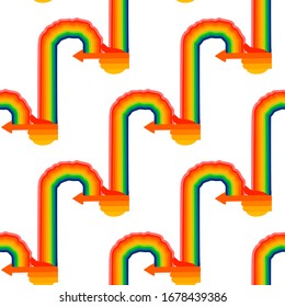 Abstract pattern of warm colored hands with arrow tipped forefingers and rainbows growing out of it. Repeated seamless vector design. Inspired by Stockholm metro stations