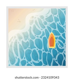 Abstract Pattern Water Ocean Sea Background Blue Waves Yellow Sand Beach Boat White Frame Cartoon Vector Design