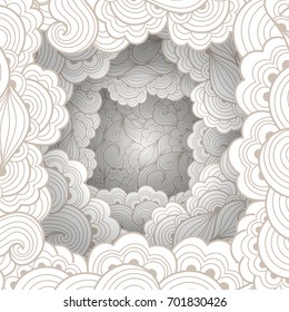 Abstract pattern with waves and floral motifs. Texture with volumetric doodle elements. Paper art background in doodle style. Vector 3d illustration. Abstract ornate art