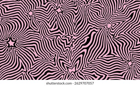 Abstract pattern of wavy black lines on a pink background, capturing the trendy psychedelic and neo-retro line art style often seen in modern graphic and fashion design.