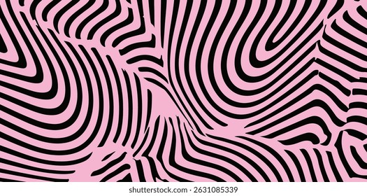 Abstract pattern of wavy black lines on a pink background, capturing the trendy psychedelic and neo-retro line art style often seen in modern graphic and fashion design.