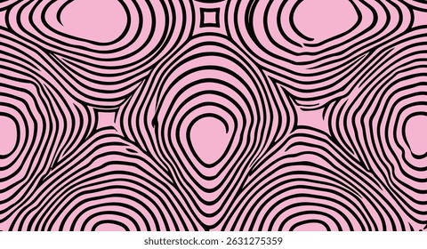 Abstract pattern of wavy black lines on a pink background, capturing the trendy psychedelic and neo-retro line art style often seen in modern graphic and fashion design.