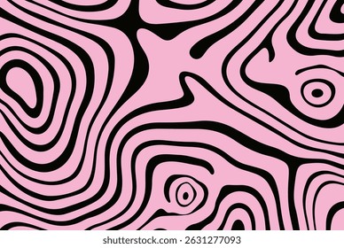 Abstract pattern of wavy black lines on a pink background, capturing the trendy psychedelic and neo-retro line art style often seen in modern graphic and fashion design.