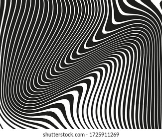Abstract pattern with wavy, curves lines. Optical art background. Wave design black and white. Digital image with a psychedelic stripes. Vector illustration 
