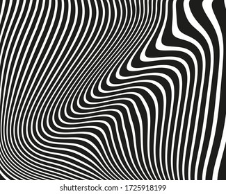 Abstract pattern with wavy, curves lines. Optical art background. Wave design black and white. Digital image with a psychedelic stripes. Vector illustration 