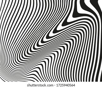 Abstract pattern with wavy, curves lines. Optical art background. Wave design black and white. Digital image with a psychedelic stripes. Vector illustration 