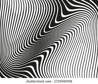 Abstract pattern with wavy, curves lines. Optical art background. Wave design black and white. Digital image with a psychedelic stripes. Vector illustration 