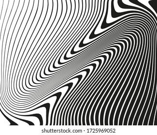 Abstract pattern with wavy, curves lines. Optical art background. Wave design black and white. Digital image with a psychedelic stripes. Vector illustration 