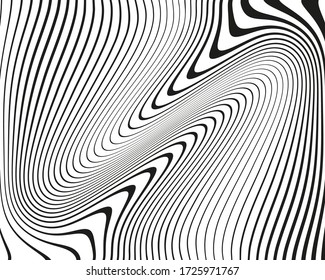 Patrón abstracto con líneas onduladas y curvas. Fondo de arte óptico. Diseño ondulado en blanco y negro. Imagen digital con franjas psicodélicas. Ilustración del vector 