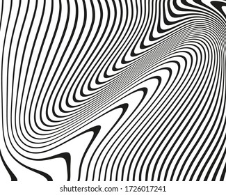 Abstract pattern with wavy, curves lines. Optical art background. Wave design black and white. Digital image with a psychedelic stripes. Vector illustration 