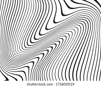 Abstract pattern with wavy, curves lines. Optical art background. Wave design black and white. Digital image with a psychedelic stripes. Vector illustration 