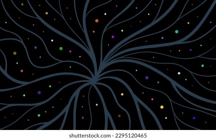 An abstract pattern of wavy lines resembling a branch with colorful circles. Composition in the form of an arbitrary pattern on a black background. Vector illustration, EPS 10. Doodlе space.