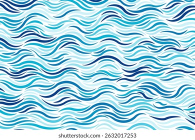 Abstract pattern of wavy lines in varying shades of teal blue on white background, creating a sense of dynamic flowing water or ocean, used for background, textile, and other decorative application.