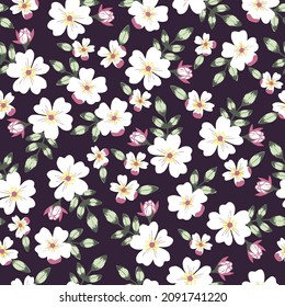 Abstract pattern with white canine rose flowers on a purple background