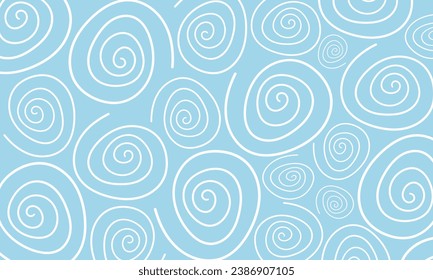 Abstract pattern of white curved spiral lines. Composition in the form of a random pattern on a blue background. Vector illustration, EPS 10. Doodle space.